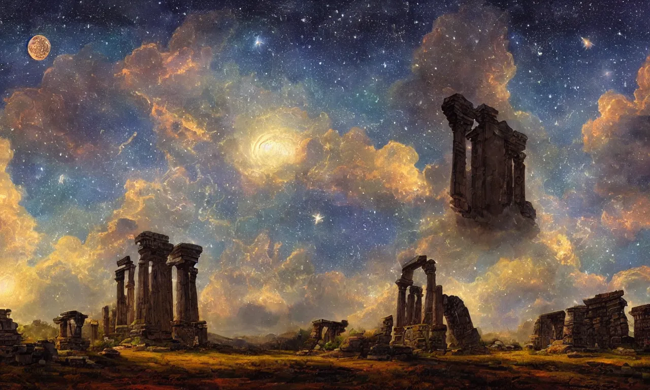 Prompt: a beautiful painting of some ancient cosmic ruins under a starry night sky, artstation