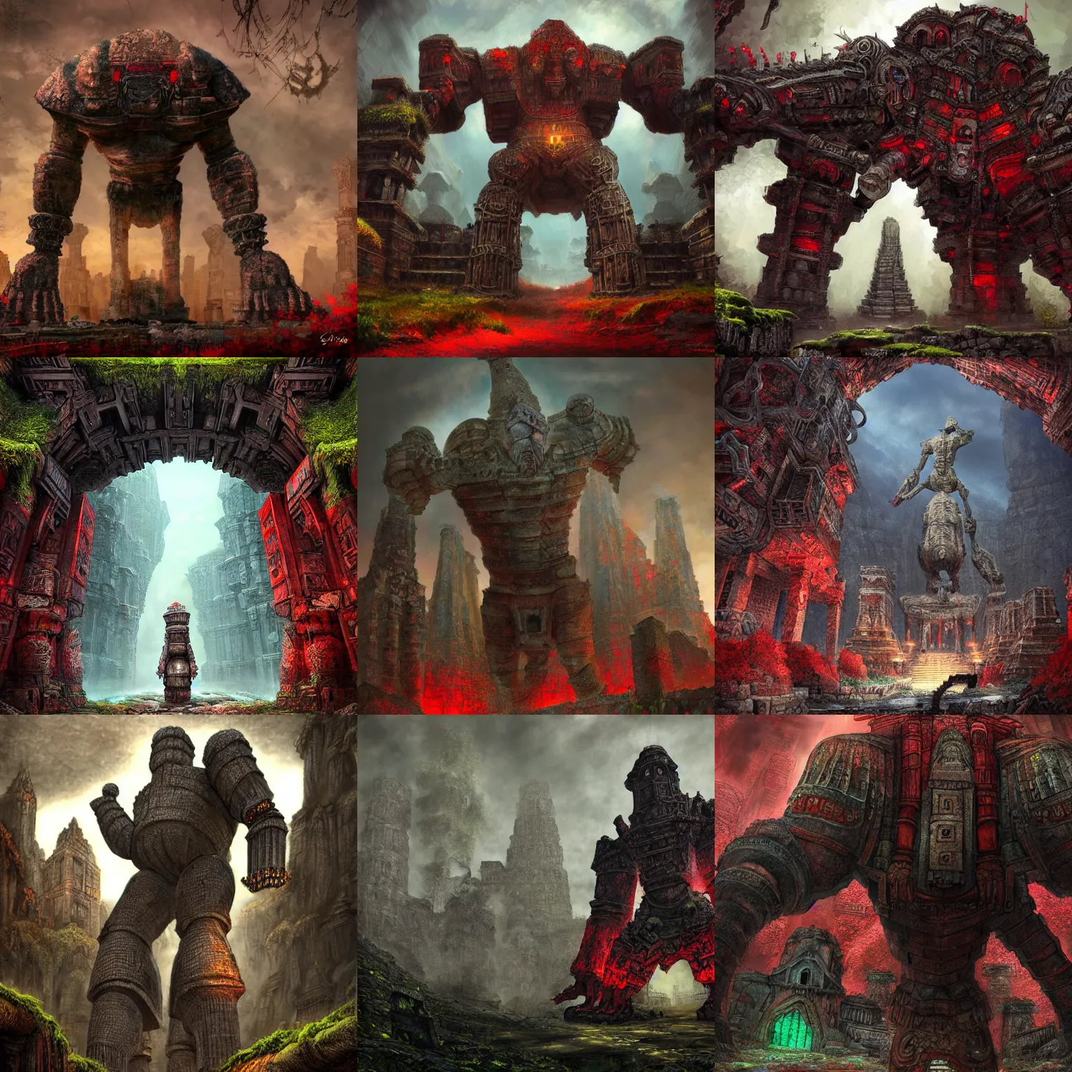 Prompt: massive iron golem guarding an ancient temple, epic fantasy art, highly detailed and intricate, underground, depth of view, crumbled bridge in the background, moss on the walls, black and red colors, sharp colors, dramatic lighting