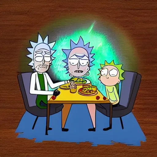 Image similar to rick and morty having dinner in spaceship metallic, layered paper style