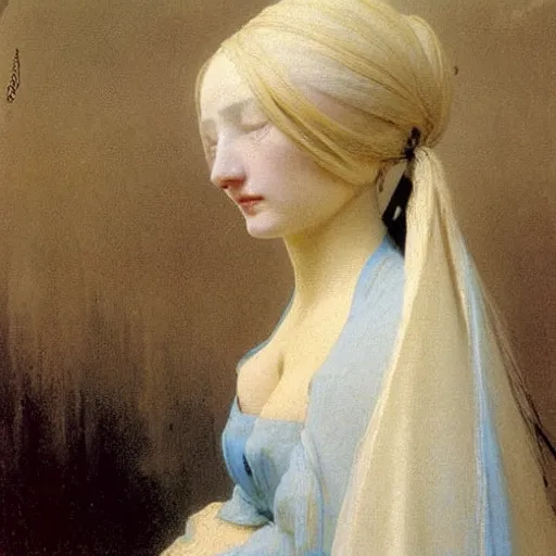 Image similar to a young woman’s face, her hair is white, her eyes are covered with a long flowing blue satin veil, by ivan aivazovsky and alma tadema and and willen claesz heda and aelbert cuyp and gerard ter borch