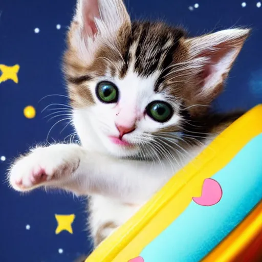 Prompt: a cute kitten riding on a rocket in space