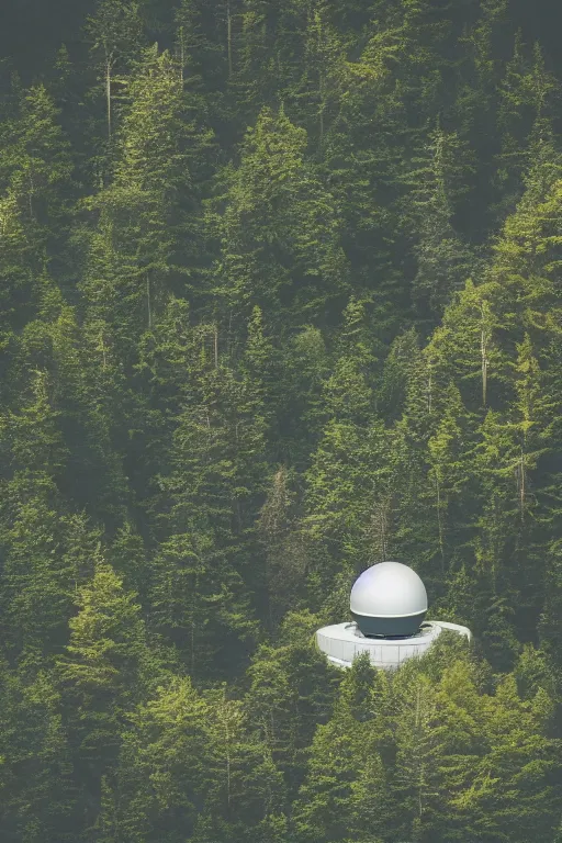 Image similar to sci fi nuclear containment buildings in a steep sided valley with trees, ufo flying around, a sense of hope and optimism, birds overhead, stark light, day time, unsplash, national geographic, hd, high res