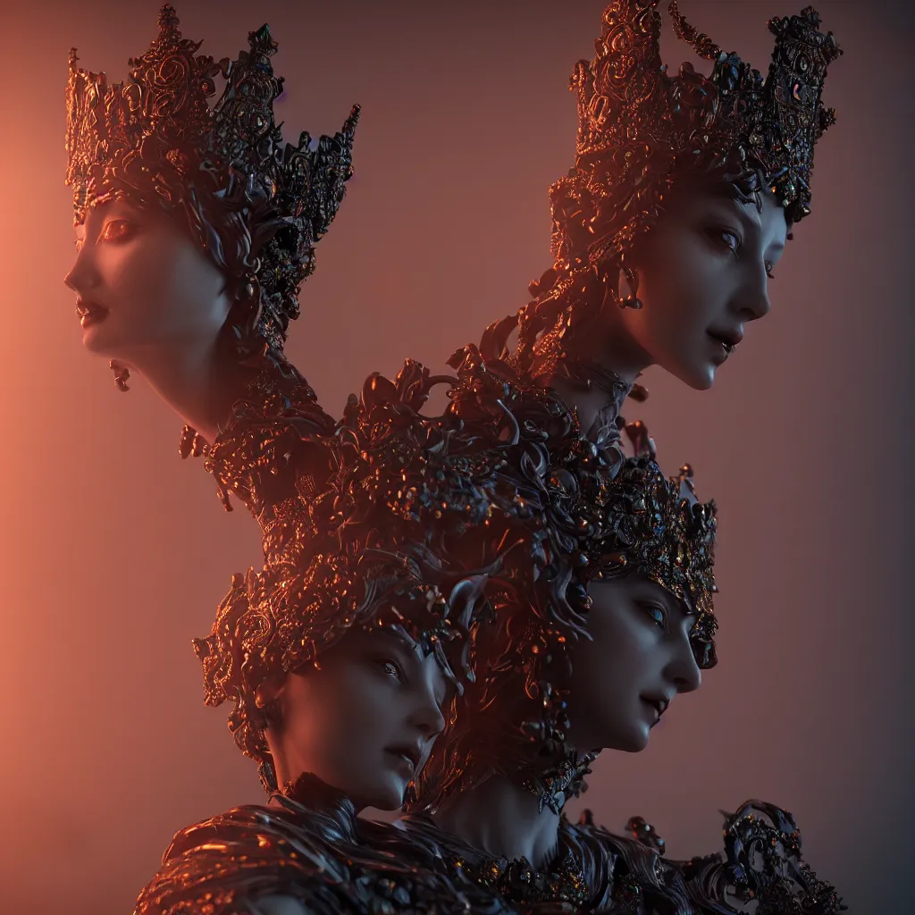 Prompt: a single close up photo - real delicate ceramic porcelain sculpture of an ornate majestic dark necromancer queen by rafael, backlit lighting, translucent, thin porcelain, octane renderer, colorful, physically based rendering,