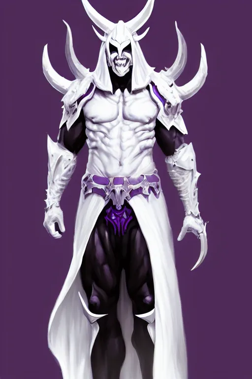 Prompt: human male demon, full body white purple cloak, hero, heavy scale armor, character concept art, costume design, black eyes, white horns, trending on artstation, Artgerm , WLOP