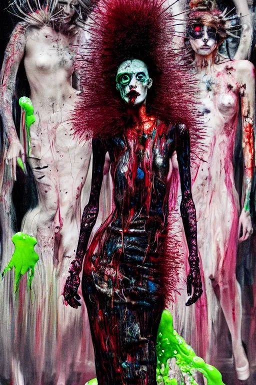 Image similar to crazy fashion catwalk, one model, crazy clothes, biopunk style, horror, clothes look like slime, hauntingly surreal, highly detailed painting by francis bacon, edward hopper, adrian ghenie, gerhard richter, and james jean soft light 4 k,