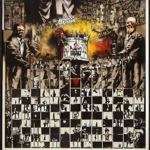 Image similar to chess and politics by an anarchist, by karol bak, banksy, simon bisley, guy denning, mimmo rotella, ravi zupa