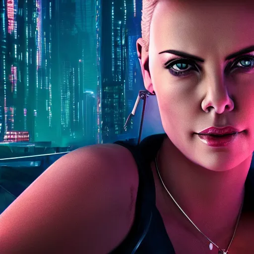 Image similar to charlize theron portrait, cyberpunk 2 0 7 7, cyberpunk judy alvarez, photorealistic, ultra detailed, neon, octane, bokeh, cinematic lighting, cyber, cyberpunk city, studio quality, feature, scars, cyberface, 8 k