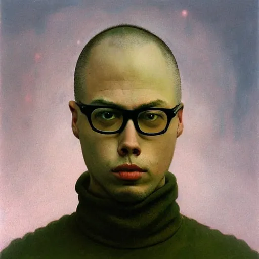 Image similar to beautiful portrait of anthony fantano, theneedledrop, painted by zdzislaw beksinski