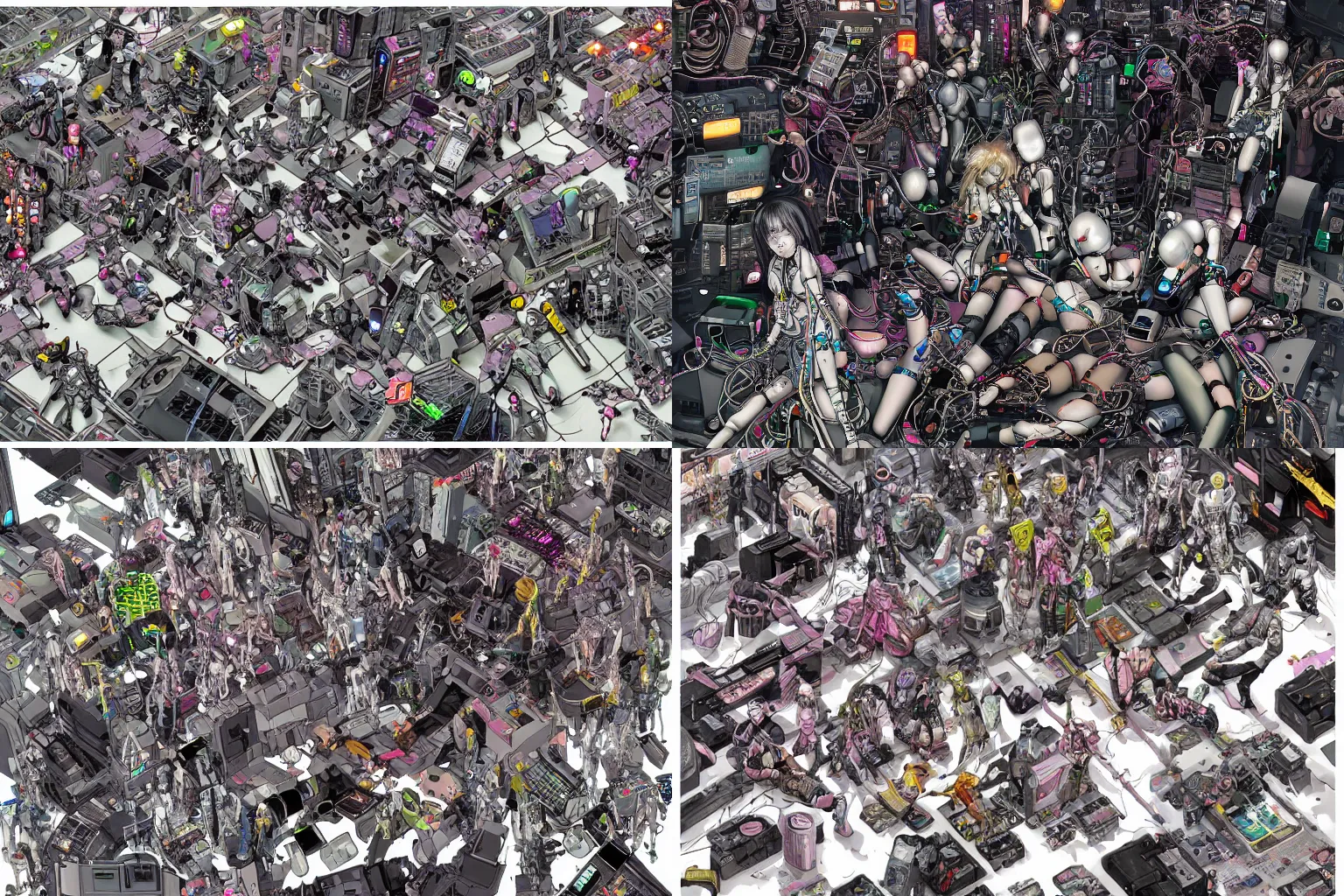 Prompt: a cyberpunk illustration of a group of coherent female android dolls in style of masamune shirow lying scattered rotated in various poses over an empty white floor with their bodies broken showing wires and cables coming out, by katsuhiro otomo and yukito kishiro, hyper-detailed, intricate colorful, view from above