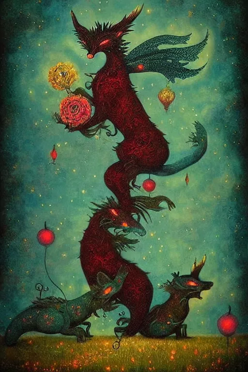 Image similar to surreal hybrid dragons and foxes, nostalgia for a fairytale, magic realism, flowerpunk, mysterious, vivid colors, by andy kehoe, amanda clarke