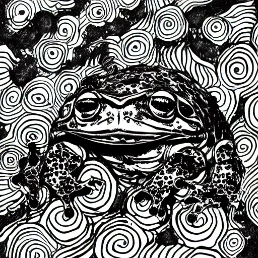 Prompt: deep camouflage angry toad evil eyes poking out eyes from under the water ultra sharp blur background simple background deep brown psychedelic contour ink drawing