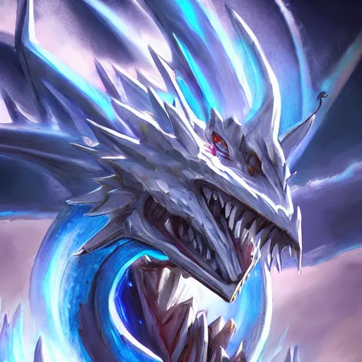 Prompt: a blue eye white dragon, yu - gi - oh card game art, battlefield background, bright art masterpiece artstation. 8 k, sharp high quality artwork in style of jose daniel cabrera pena and greg rutkowski, concept art by tooth wu, blizzard warcraft artwork, hearthstone card game artwork, yugioh artwork