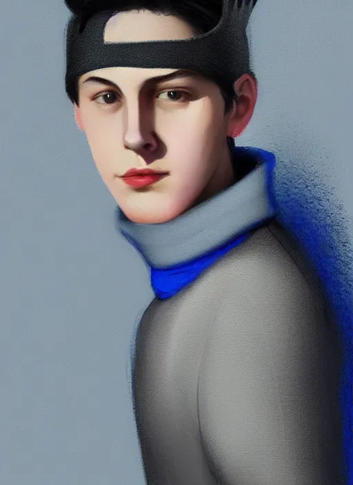 Image similar to portrait of teenage jughead jones wearing a light grey crown, crown, blue turtleneck, 1 9 5 0 s, closed eyes, photorealistic, black hair, glowing lighting, intricate, elegant, glowing lights, highly detailed, digital painting, artstation, concept art, smooth, sharp focus, illustration, art by wlop, mars ravelo and greg rutkowski