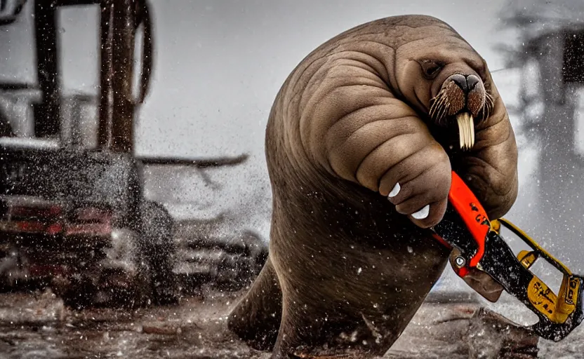 Image similar to walrus holding a chainsaw, extremely detailed, high quality, 8 k, nature photography,