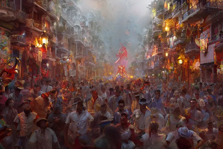 Prompt: carnaval de barranquilla colombia, thorough details, intricate, artstation, atmosphere, highly detailed, craig mullins, james jean, digital painting, deviantart, cinematic lighting, 4 k