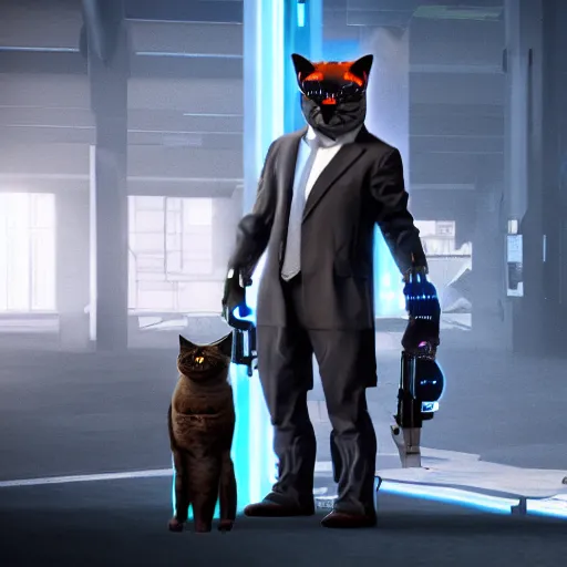 Prompt: cyberpunk cat in suit, final render, unreal engine