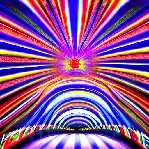 Image similar to underground cinema, psychedelic, colorfull lights, fractals, godrays