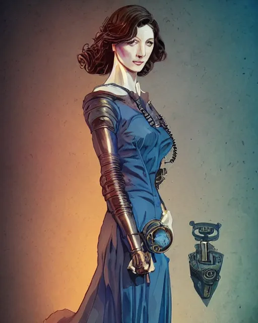 Image similar to in the style of joshua middleton, artgerm, beautiful caitriona balfe, steampunk, bioshock, full body, blue dress, elegant pose, middle shot, spooky, symmetrical face, symmetrical eyes, detailed realisitc eyes, three point lighting, detailed realistic eyes, detailed and intricate