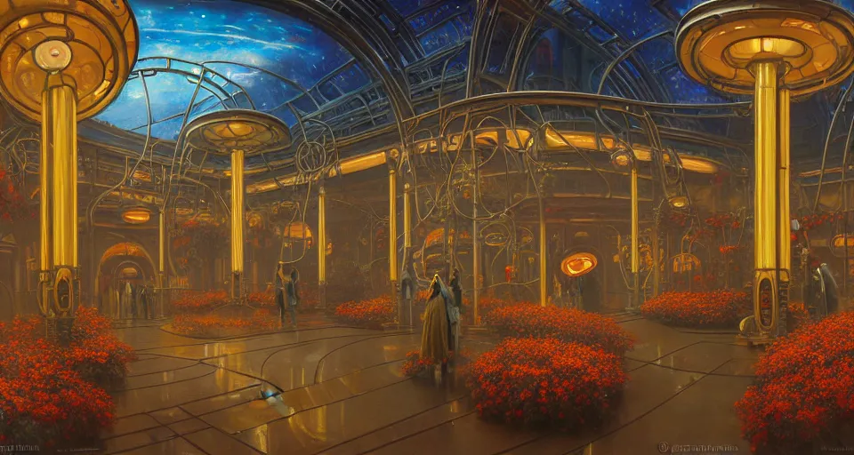 Prompt: a minimalist oil painting by donato giancola, warm coloured, cinematic scifi bioluminescent luxurious futuristic foggy steam filled victorian garden circular shopping mall interior with microscopy stained glass flowers growing out of pretty bulbous ceramic fountains, gigantic pillars and flowers, maschinen krieger, beeple, star trek, star wars, ilm, star citizen