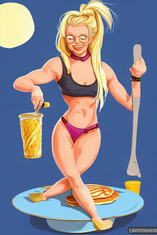 Image similar to britney spears making pancakes, animation pixar style, by pendleton ward, magali villeneuve, artgerm, rob rey and kentaro miura style, golden ratio, trending on art station