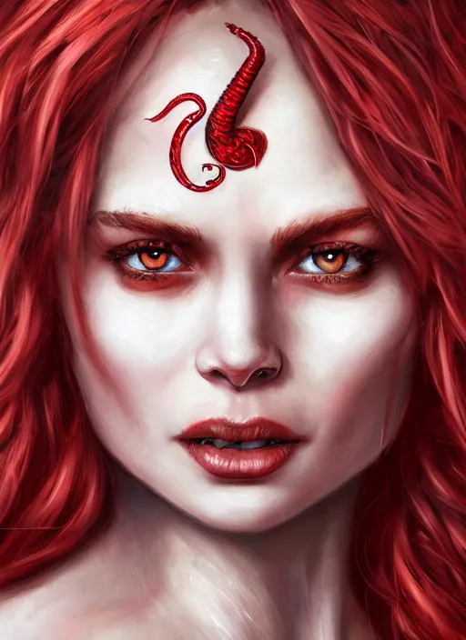 Image similar to red skin, Tiefling , smiling, beautiful detailed eyes, cute, fantasy, intricate, elegant, highly detailed, digital painting, 4k, HDR, concept art, detailed jewelry, smooth, sharp focus, illustration, by Wayne Reynolds