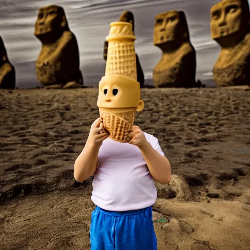 Image similar to a very disgusted and crying kid holding and looking an ice cream cone with a small moai statue in the cone, 4 k photograph