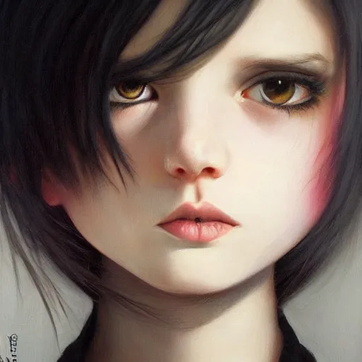 Prompt: a painting of cute emo girl, with long dark hair, thick eyebrows, dark eyes and dark circles wide nose, big eyes, oval face, big cheeks holding her cat, photorealistic painting by tran nguyen ilya kuvshinov and greg rutkowski featured on deviantart, detailed painting