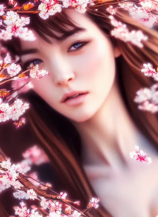 Image similar to photo of a gorgeous female in the style of stefan kostic, realistic, half body shot, sharp focus, 8 k high definition, insanely detailed, intricate, elegant, art by stanley lau and artgerm, extreme blur cherry blossoms background