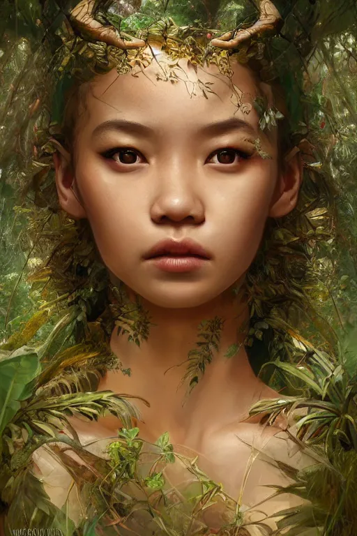 Image similar to stunningly beautiful, filipina prima ballerina in jungle, symmetrical face, golden hour, smooth, focus, highly detailed, hyper realistic, dramatic lighting, elegant, intricate, concept art, art by wlop, mars ravelo, greg rutowski, artstation