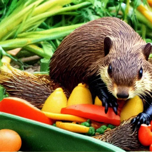 Image similar to real beaver and real duck sitting on vegetables