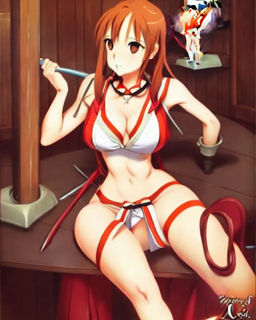 Image similar to pinup photo of asuna from sao in the crowded tavern, hot asuna by a - 1 pictures, gil elvgren, james jean, enoch bolles, glossy skin, pearlescent, anime, very coherent, sao style anime, flat