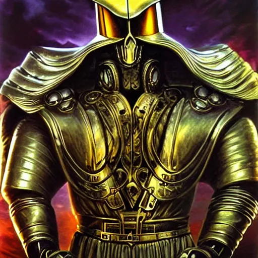 Prompt: high fantasy 1 9 8 0's wargame airbrushed artwork - inspired photo, a giant silver reflective chrome android wearing a mask shaped like an intricately carved beautiful human skull with glowing laser eyes, golden giant battle armor, inside a futuristic army base