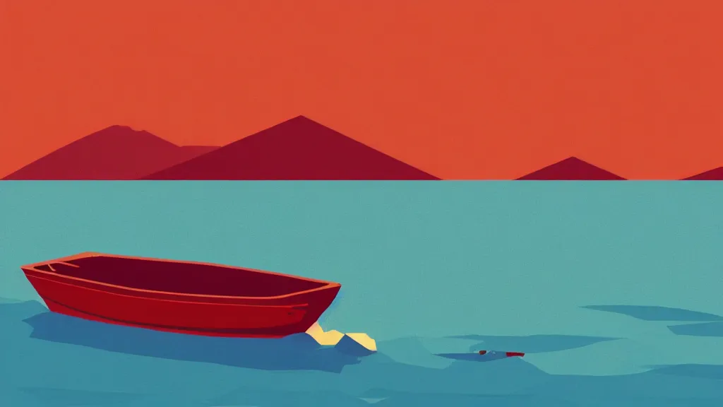 Prompt: a red boat floating on top of a body of water, a screenprint by Tom Whalen, behance contest winner, australian tonalism, matte drawing, outrun, low poly