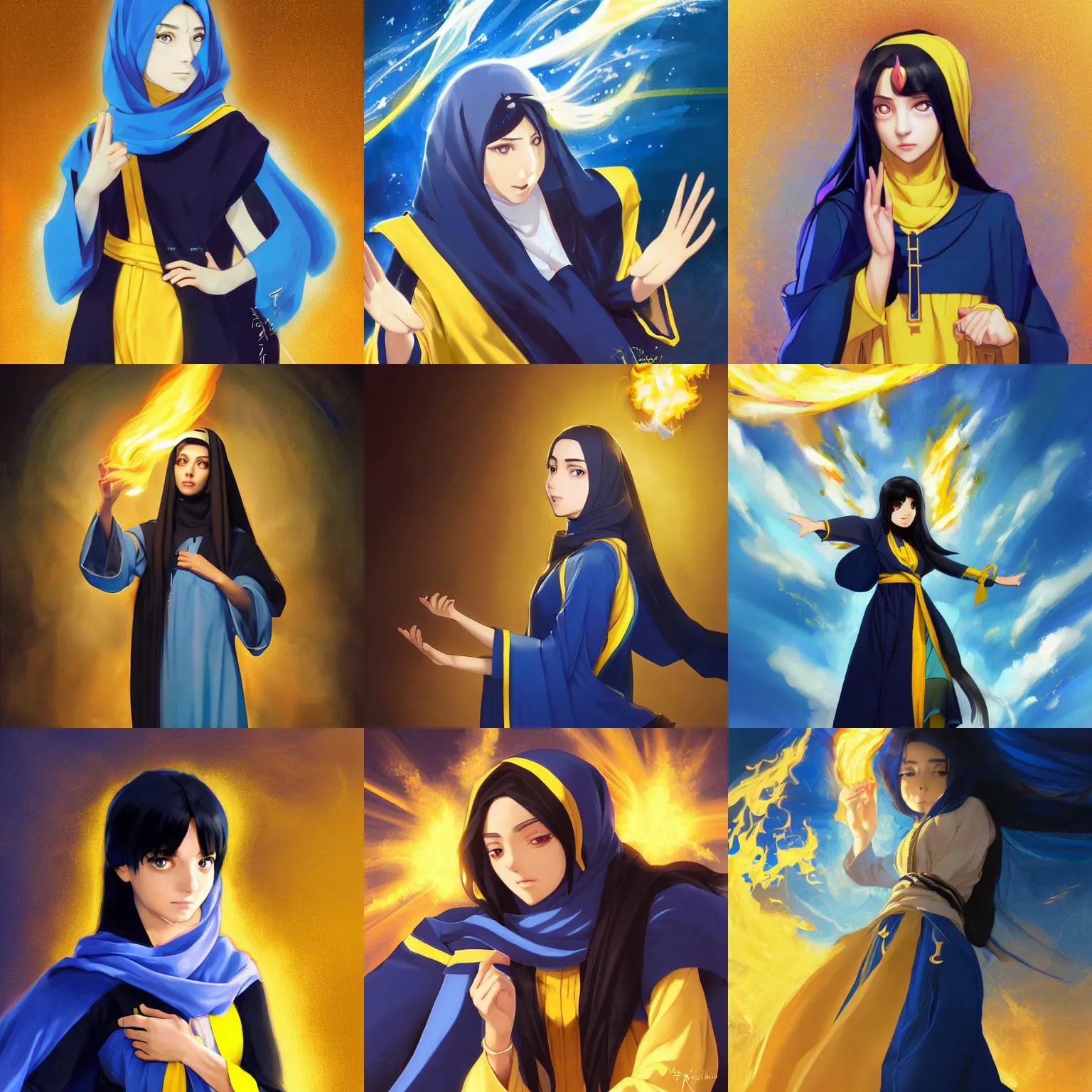 Prompt: portrait of a middle - eastern female cleric with straight black hair wearing blue and yellow vestments throwing a fireball, half body, single subject, ambient lighting, highly detailed, digital painting, trending on pixiv fanbox, studio ghibli, extremely high quality artwork, art by ross tran and artgerm and makoto shinkai