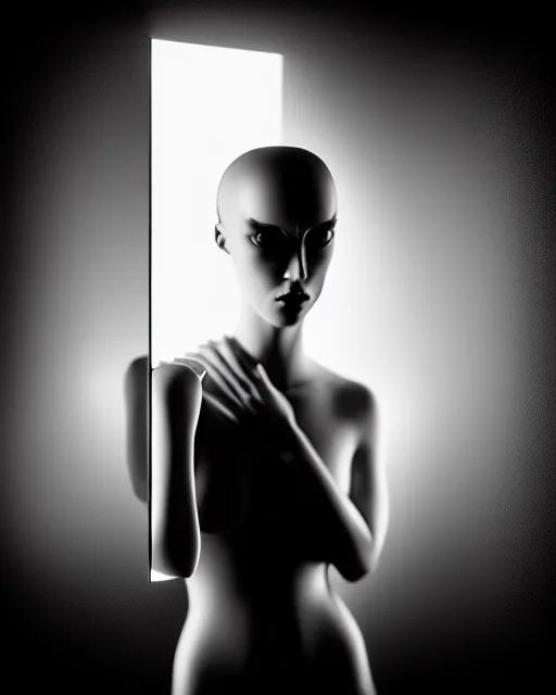 Image similar to black and white high quality photo of a beautiful female vegetal-cyborg looking into a sci-fi mirror, volumetric lighting, brutalism, foggy, dreamy, hyperdetailed, bokeh, photorealistic, cinematic, masterpiece, elegant, dark, by Man Ray in the style of Horst P. Horst, octane render, 8K,