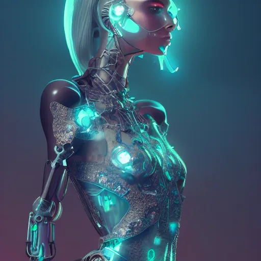 Image similar to woman full body, ethereal, biomechanical, cyberpunk, covered in diamonds and other gems glowing, elegant posed intricate, extremy detailed andrew chiampo, frederik heyman, beeple, cgsociety, artstation. cinematic lighting, highly detailed 4 k art