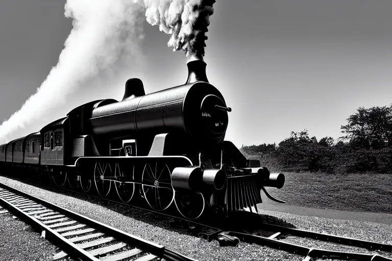 Prompt: black and white photograph of a sleek, futuristic steam locomotive thundering down the rails at high speed, cinematic, volumetric light, f 6 aperture, cinematic eastman 5 3 8 4 film