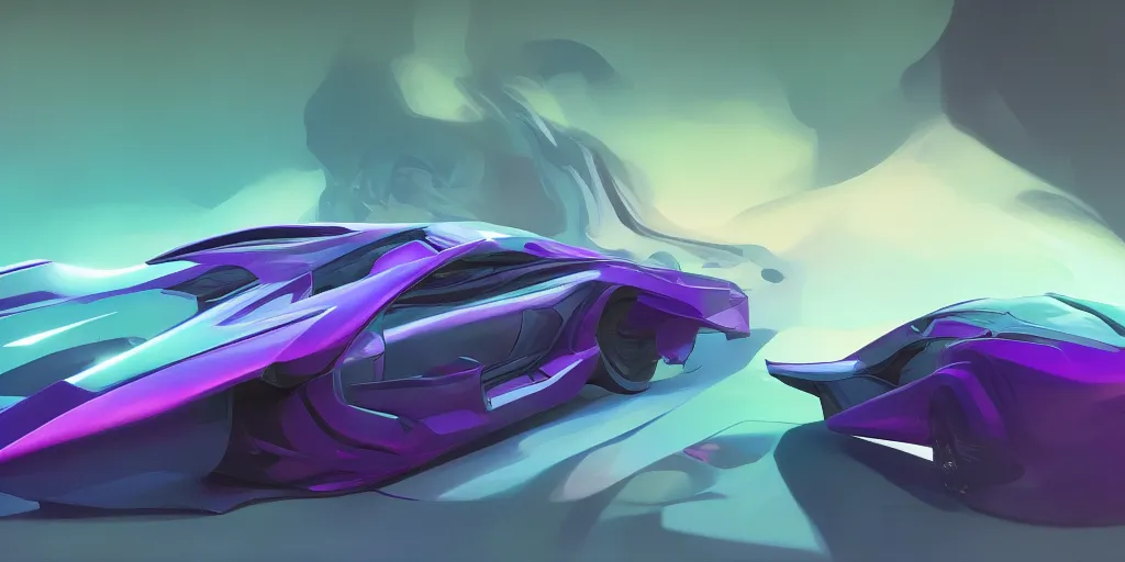 Image similar to full view of a car, painted in purple and teal holographic pearlescent, elegant, digital painting, concept art, smooth, sharp focus, art style from Wang Ke and Greg Rutkowski and Bruce Kaiser and Scott Robertson and Dmitry Mazurkevich and Doruk Erdem and Jon Sibal, small style cue from Blade Runner