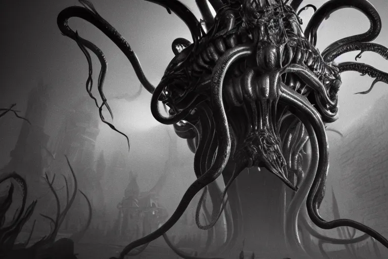 Prompt: ultra realist 3D render of the world of Lovecraft Elden Ring and Giger, gigantic oily tentacles and eyes, very intricate details, ultra dense fog, golden ratio, volumetric black and white lighting, reflections, refractions, symmetry accurate anatomy features, artstation, octane render