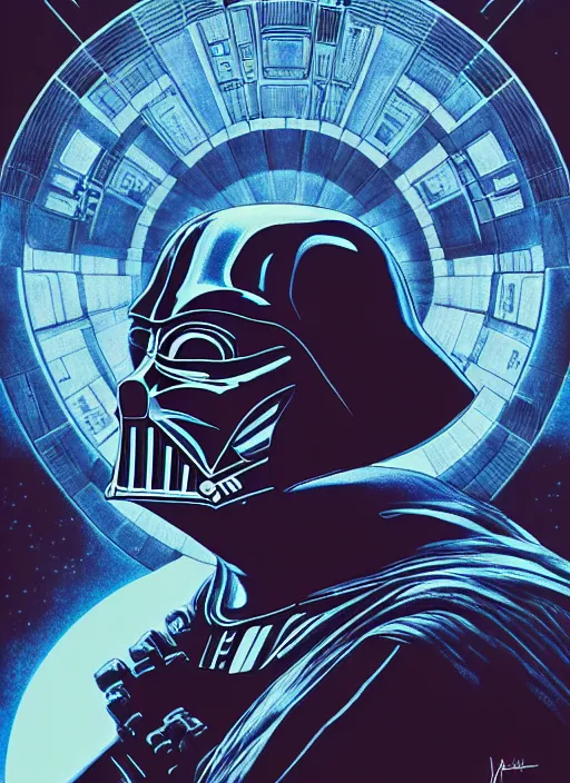 Image similar to platonic ideal luke skywalker, nazgul mandelbulb, deathstar, millenium falcon, detailed, darth vader, action pose, intricate, volumetric lighting, moebius, dan mumford, alphonse mucha, poster,