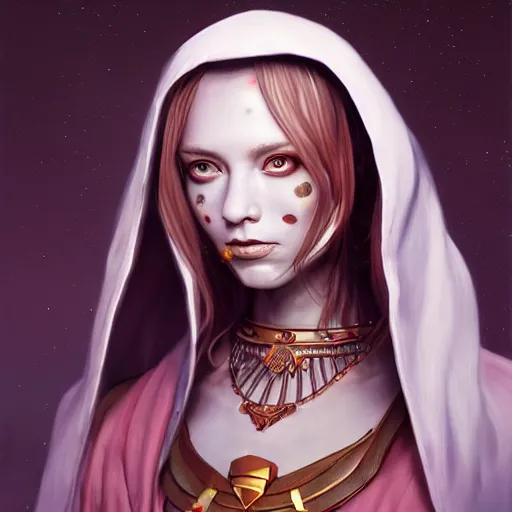 Prompt: a hyperrealistic painting of a beautiful alien priestess in the style of WLOP and Jason Chan