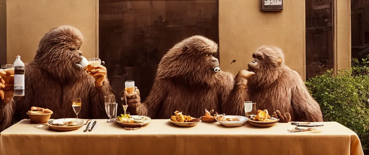 Image similar to accidentally wes anderson award - winning photograph of yeti and bigfoot eating lung outside paris restaurant, accidental renaissance, golden ratio, fibonacci composition, 4 k, detailed, art by greg rutkowsky, trending on artstation, cinematic lighting, filmic grain, golden hour, detailed, 4 k