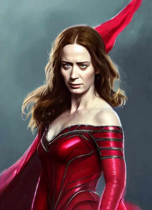 Prompt: portrait of emily blunt as scarlet witch, jewelry, greek, ruby, victorian age, 1 8 9 0, intricate, headshot, key visual, conceptart, ambient lighting, highly detailed, digital painting, artstation, concept art, sharp focus, by makoto shinkai and akihiko yoshida and greg manchess