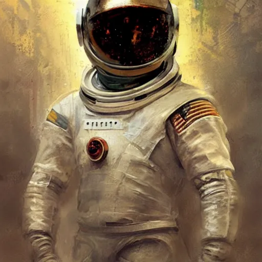 Prompt: Portrait painting of a medieval astronaut wearing helmet by greg rutkowski and Craig Mullins, Dark atmospheric and cinematic lighting