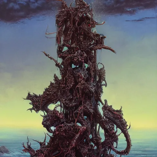 Prompt: vertical pile of 3 skulls vomiting black tar, wayne barlow, bruce pennington, donato giancola, larry elmore, oil on canvas, masterpiece, trending on artstation, featured on pixiv, cinematic composition, dramatic pose, beautiful lighting, sharp, details, hyper - detailed, hdr, 4 k, 8 k