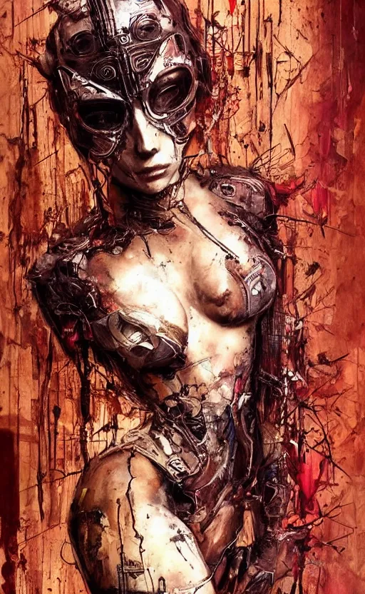 Image similar to beautiful women made of mech mask rendered in unreal engine, cyberpunk, full body, dark colour palet, rave, scifi, painted by albrecht durer | bernard buffet | carne griffiths | wlop