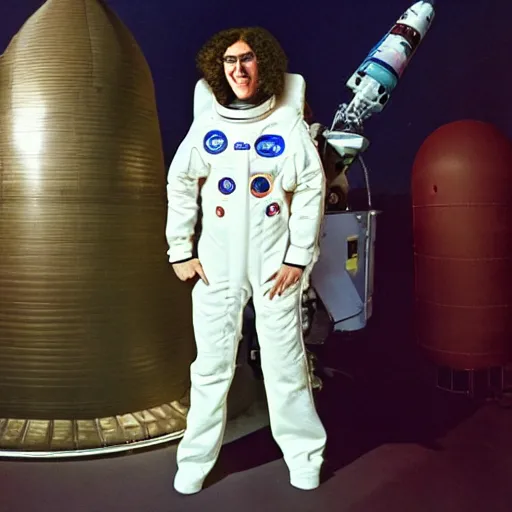 Prompt: weird al yankovic in a space suit near a rocket