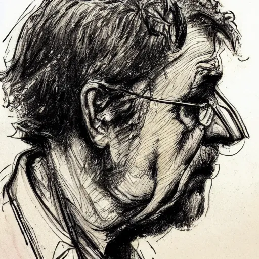 Prompt: a realistic yet scraggly portrait sketch of the side profile of a stern and sophisticated gaben newell, trending on artstation, intricate details, in the style of frank auerbach, in the style of sergio aragones, in the style of martin ansin, in the style of david aja, in the style of mattias adolfsson