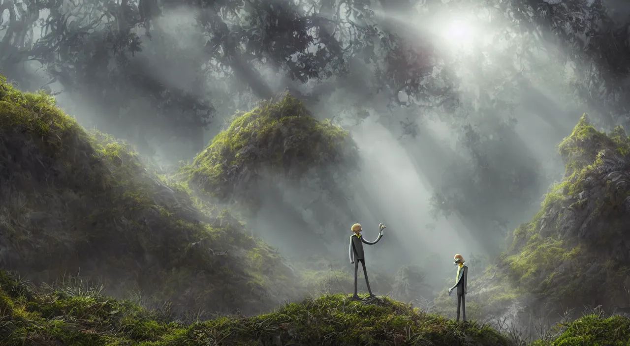 Image similar to photorealistic matte painting of mr burns of the simpsons standing far in misty overgrowth undergrowth jagged rock features volumetric fog light rays high contrast dawn