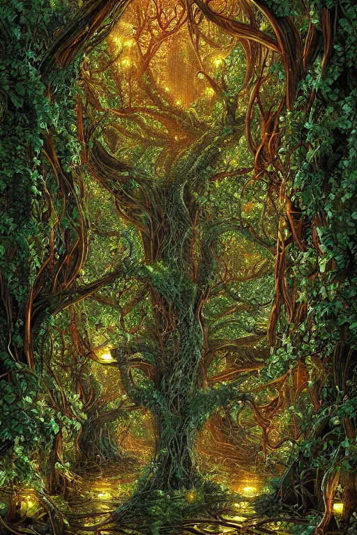 Prompt: extremely detailed complex intricate hyperdetailed tapestry of cybernetic biomech sacred fig tree roots in an industrial overgrown lush maze of webbed LED lights, by Clyde Caldwell, beautiful colors 8k hyperdetailed matte painting, raytracing, artstation, magic hour